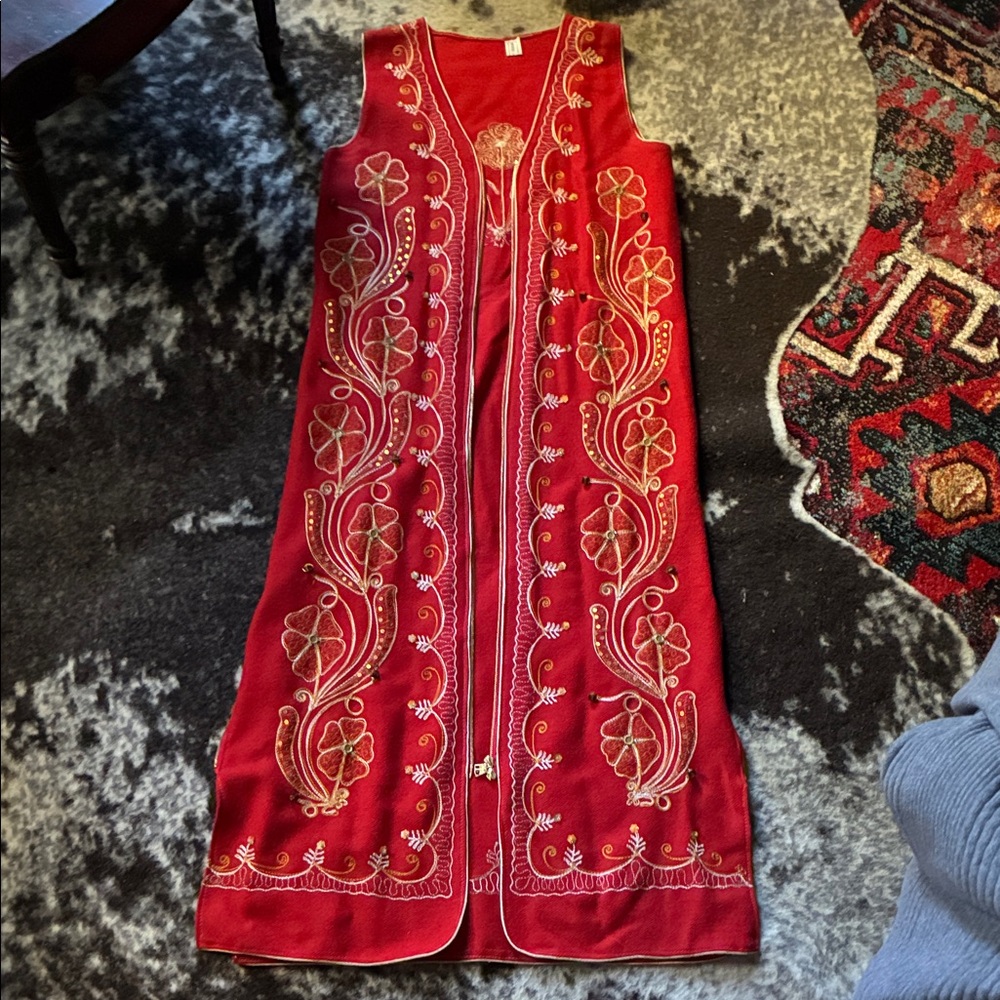 Vintage Embroidered Red Long Vest